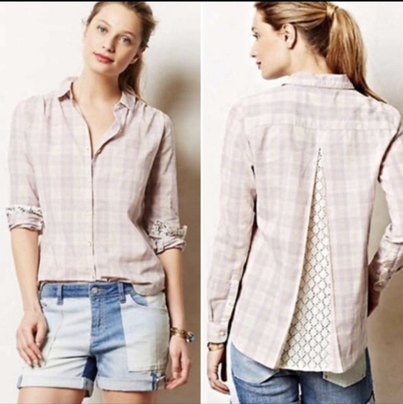 Anthropologie Tops - Isabelle Sinclair Anthropologie Purple Plaid Lace Long Sleeve Floral Shirt Top